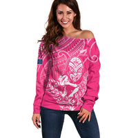New Zealand Silver Fern Rugby Custom Off Shoulder Sweater Maori Tiki Pink Version LT15 Women Pink - Polynesian Pride