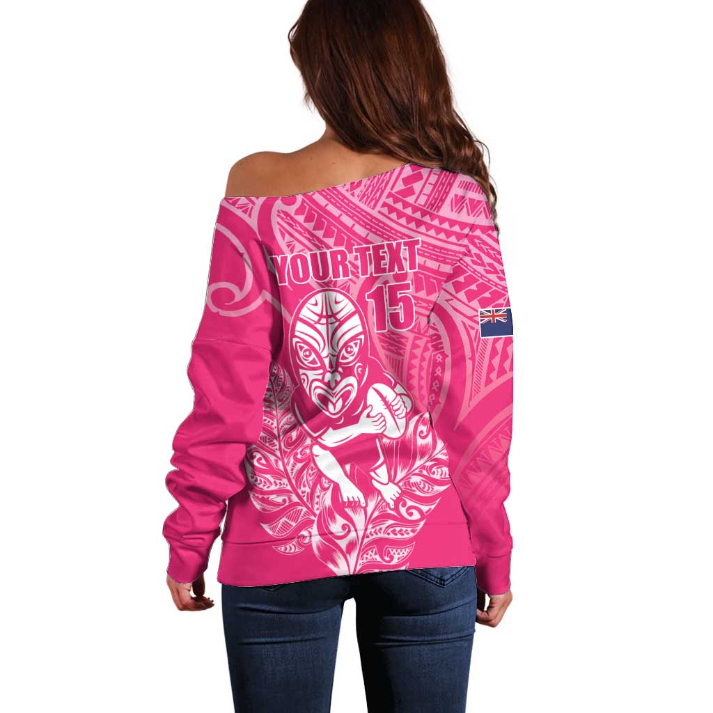 New Zealand Silver Fern Rugby Custom Off Shoulder Sweater Maori Tiki Pink Version LT15 - Polynesian Pride