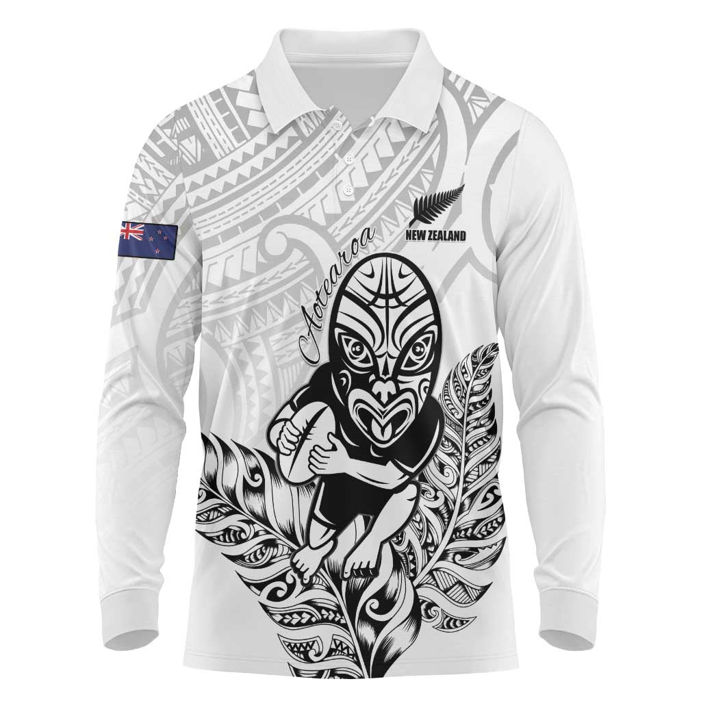 New Zealand Silver Fern Rugby Custom Long Sleeve Polo Shirt Maori Tiki White Version LT15 White - Polynesian Pride