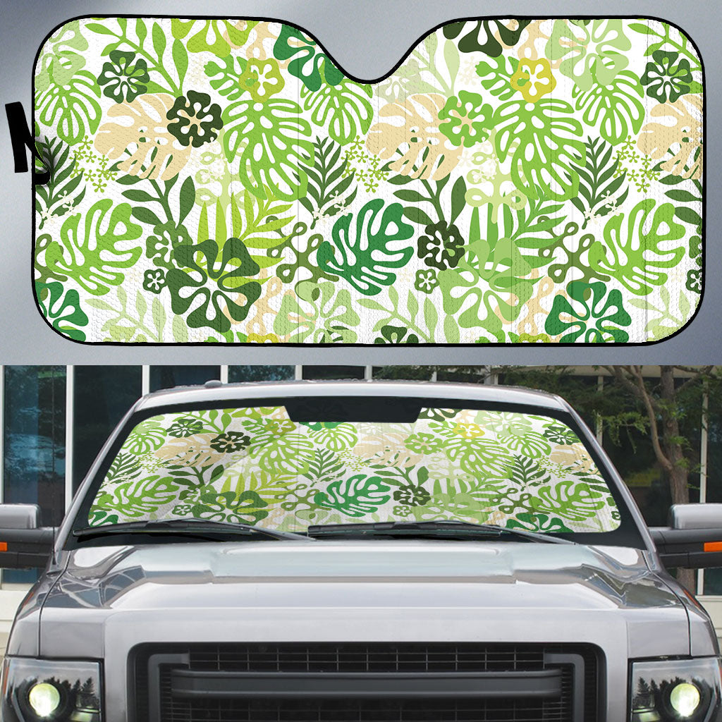 Green Aloha Hawaiian Auto Sun Shade Monstera Hibiscus Tropical Pattern LT19 Green - Polynesian Pride