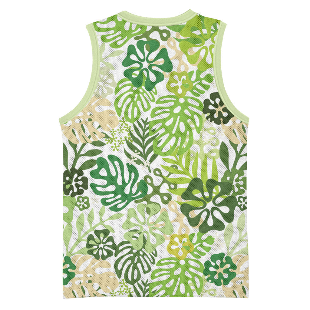 Green Aloha Hawaiian Basketball Jersey Monstera Hibiscus Tropical Pattern LT19 - Polynesian Pride