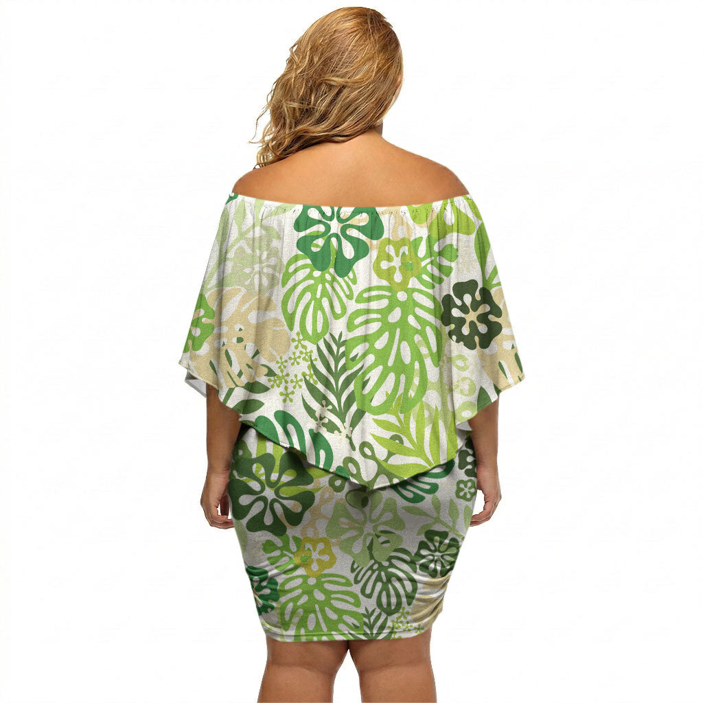 Green Aloha Hawaiian Off Shoulder Short Dress Monstera Hibiscus Tropical Pattern LT19 - Polynesian Pride