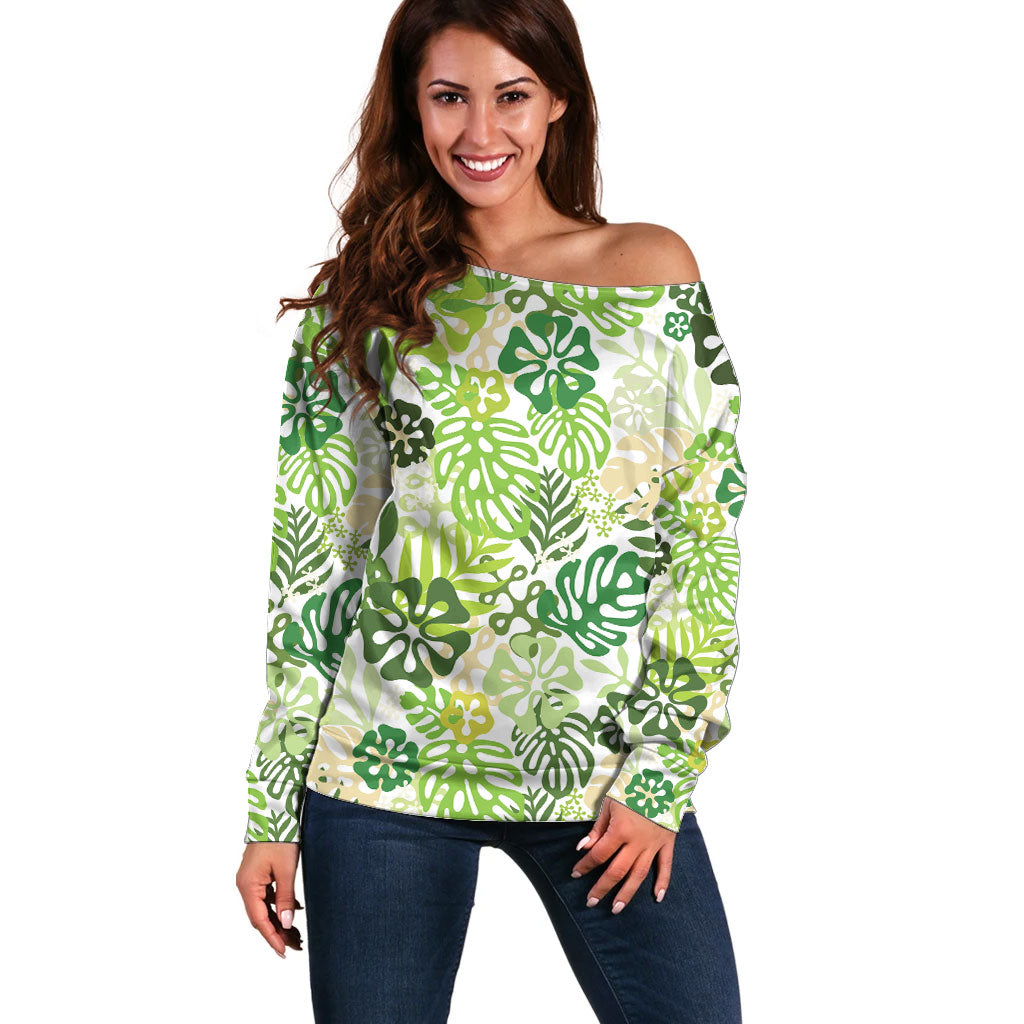 Green Aloha Hawaiian Off Shoulder Sweater Monstera Hibiscus Tropical Pattern LT19 Women Green - Polynesian Pride