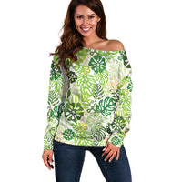Green Aloha Hawaiian Off Shoulder Sweater Monstera Hibiscus Tropical Pattern LT19 Women Green - Polynesian Pride