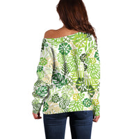 Green Aloha Hawaiian Off Shoulder Sweater Monstera Hibiscus Tropical Pattern LT19 - Polynesian Pride