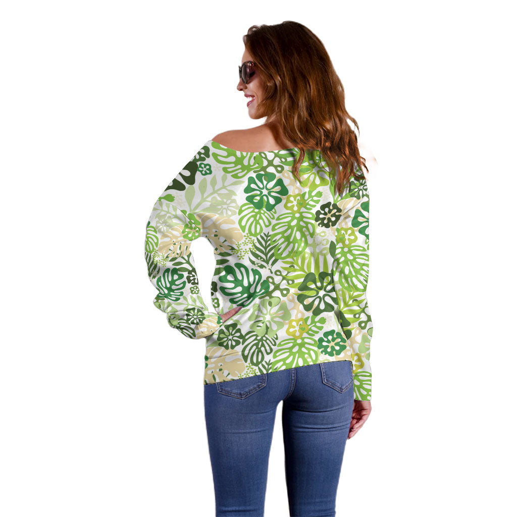 Green Aloha Hawaiian Off Shoulder Sweater Monstera Hibiscus Tropical Pattern LT19 - Polynesian Pride