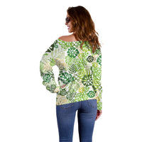 Green Aloha Hawaiian Off Shoulder Sweater Monstera Hibiscus Tropical Pattern LT19 - Polynesian Pride