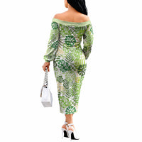 Green Aloha Hawaiian Off The Shoulder Long Sleeve Dress Monstera Hibiscus Tropical Pattern LT19 - Polynesian Pride