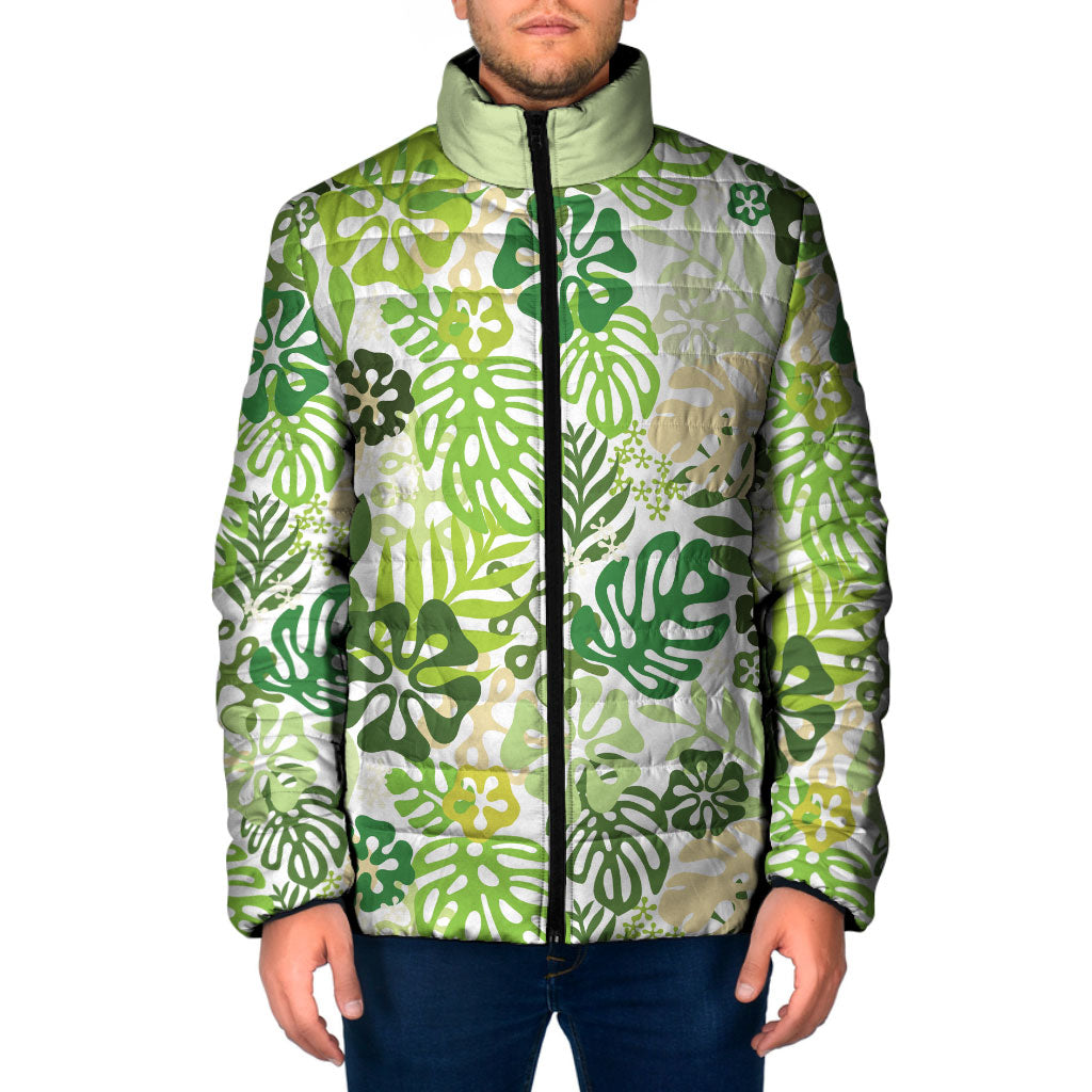 Green Aloha Hawaiian Padded Jacket Monstera Hibiscus Tropical Pattern LT19 Men Green - Polynesian Pride