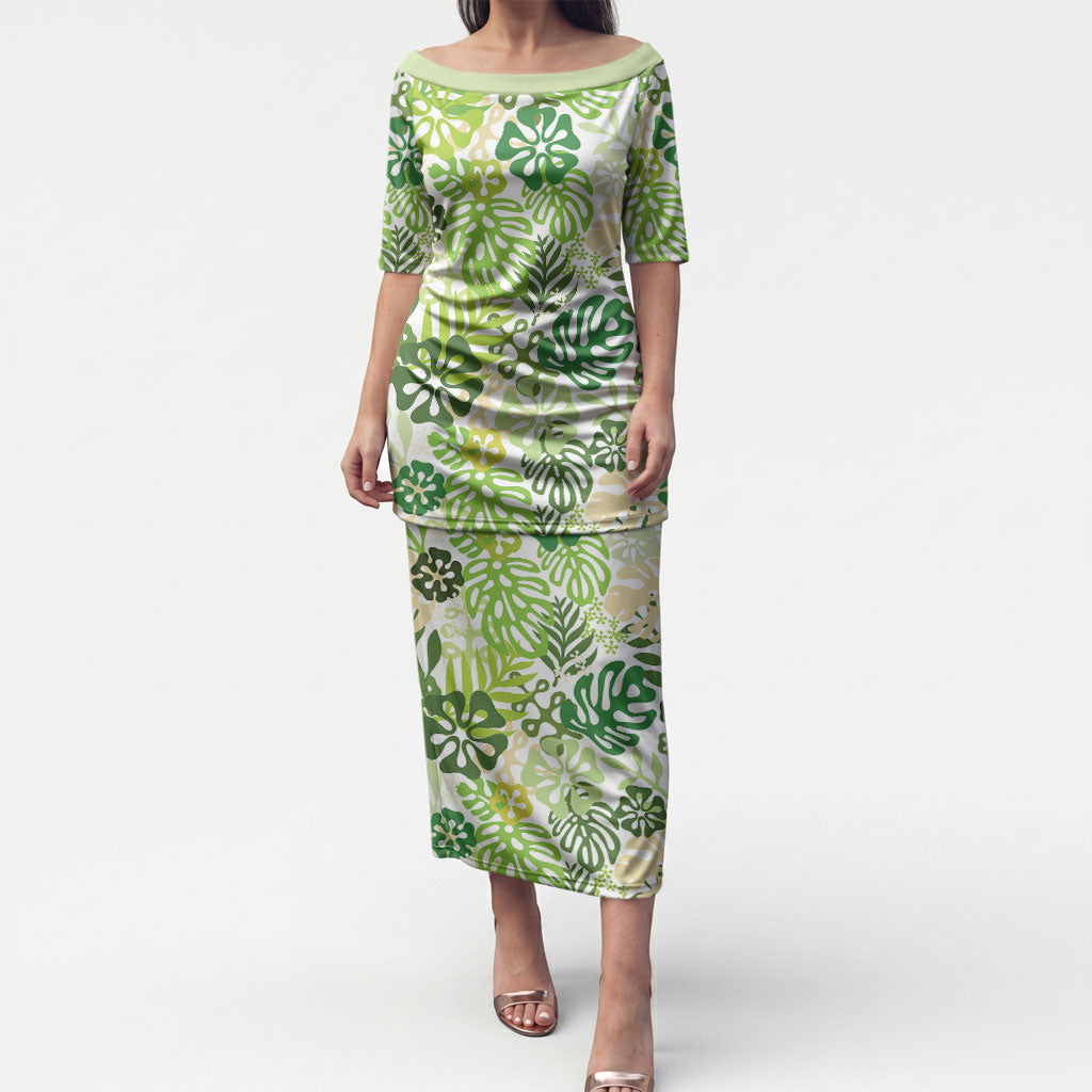 Green Aloha Hawaiian Puletasi Monstera Hibiscus Tropical Pattern LT19 Long Dress Green - Polynesian Pride