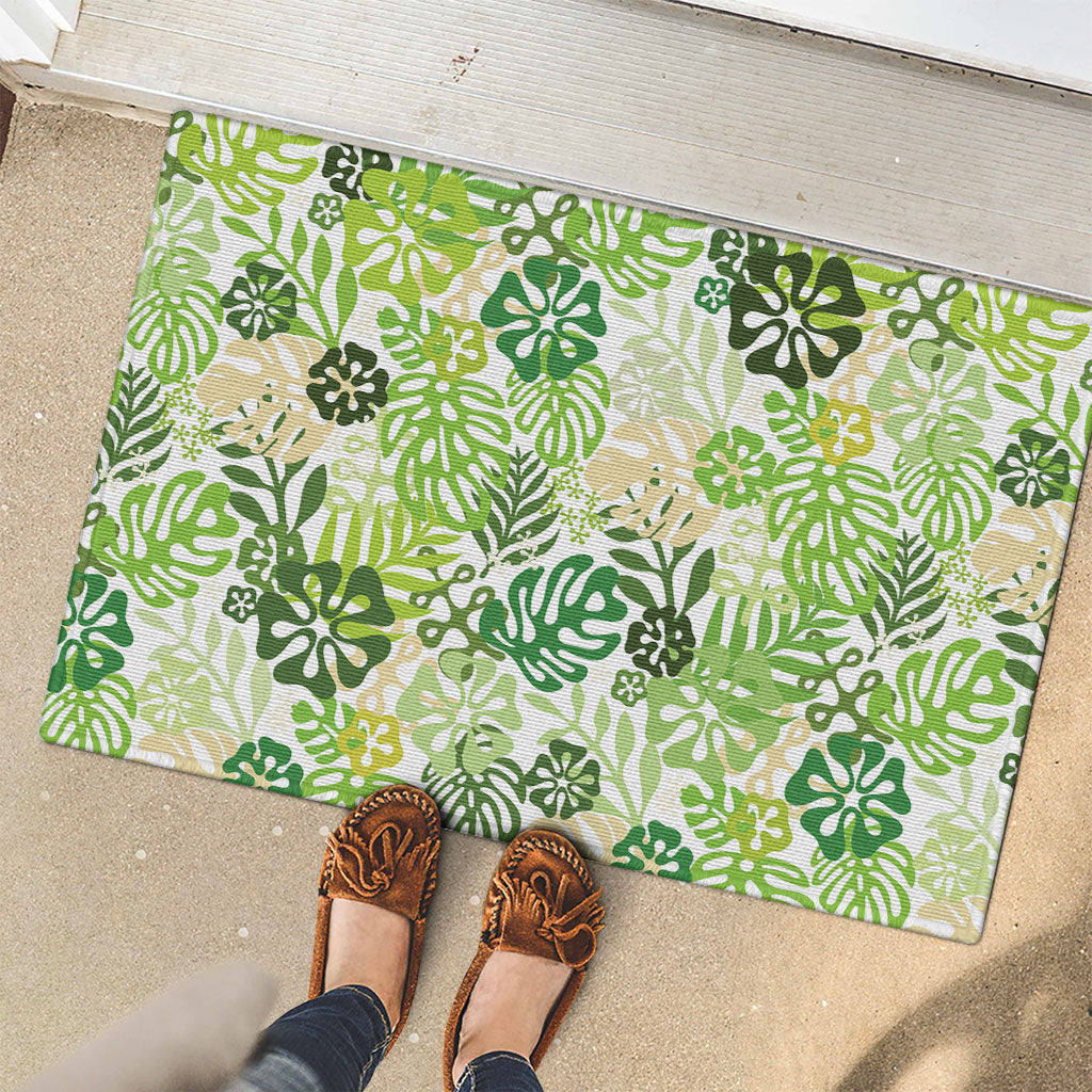 Green Aloha Hawaiian Rubber Doormat Monstera Hibiscus Tropical Pattern LT19 - Polynesian Pride