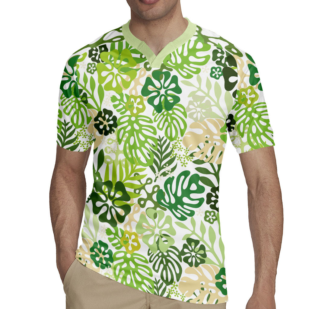 Green Aloha Hawaiian Rugby Jersey Monstera Hibiscus Tropical Pattern LT19 - Polynesian Pride