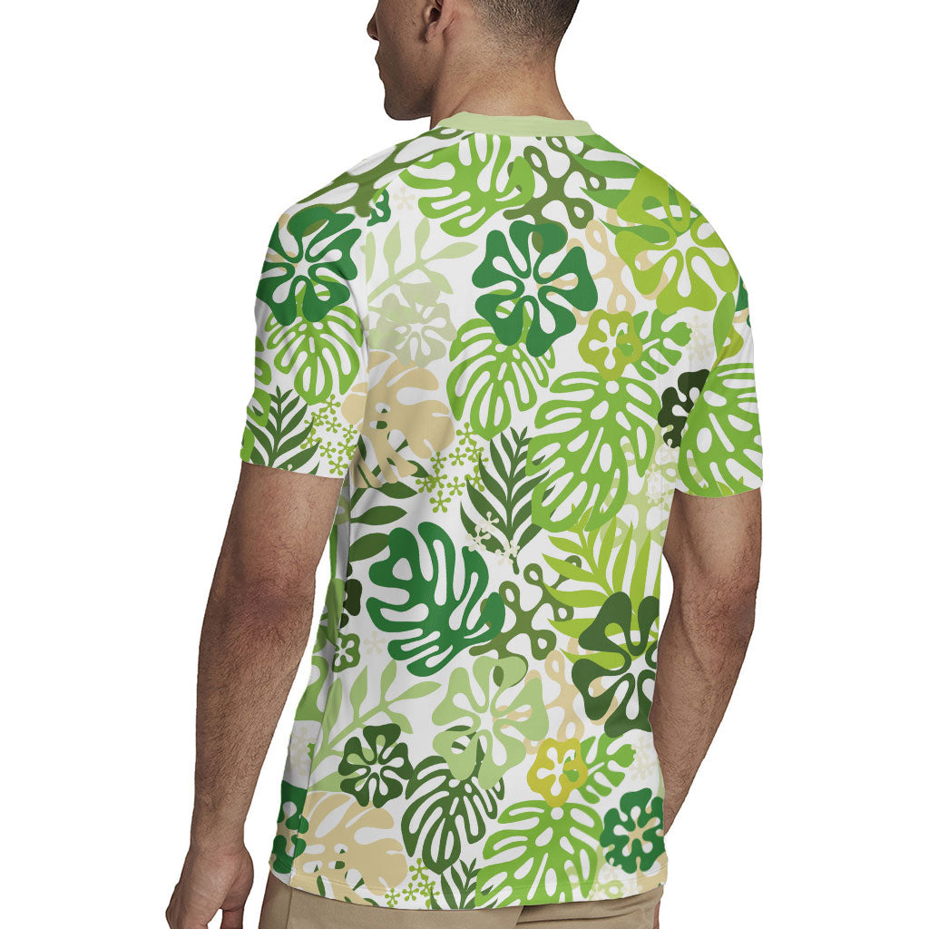 Green Aloha Hawaiian Rugby Jersey Monstera Hibiscus Tropical Pattern LT19 - Polynesian Pride