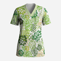 Green Aloha Hawaiian Scrub Top Monstera Hibiscus Tropical Pattern LT19 Adult Green - Polynesian Pride