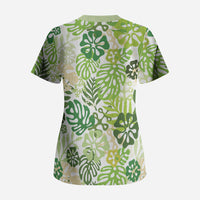 Green Aloha Hawaiian Scrub Top Monstera Hibiscus Tropical Pattern LT19 - Polynesian Pride