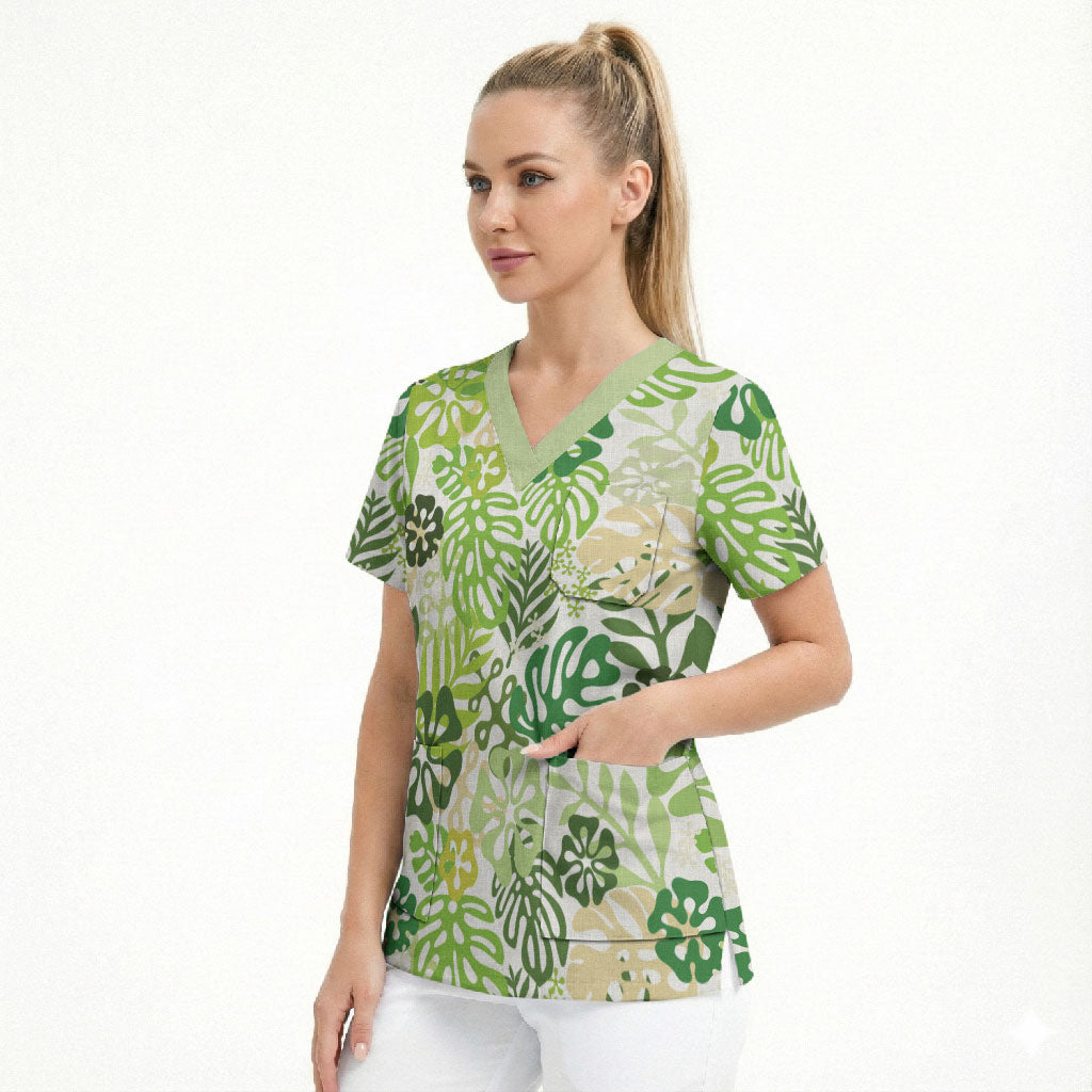 Green Aloha Hawaiian Scrub Top Monstera Hibiscus Tropical Pattern LT19 - Polynesian Pride