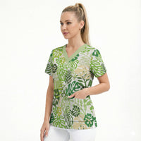 Green Aloha Hawaiian Scrub Top Monstera Hibiscus Tropical Pattern LT19 - Polynesian Pride