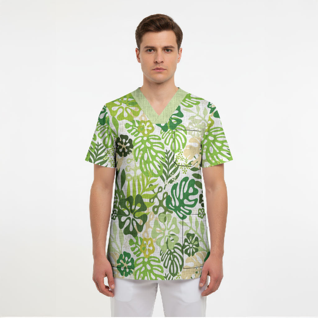 Green Aloha Hawaiian Scrub Top Monstera Hibiscus Tropical Pattern LT19 - Polynesian Pride