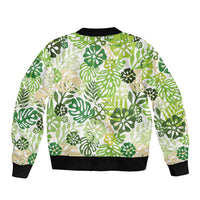 Green Aloha Hawaiian Sleeve Zip Bomber Jacket Monstera Hibiscus Tropical Pattern LT19 - Polynesian Pride