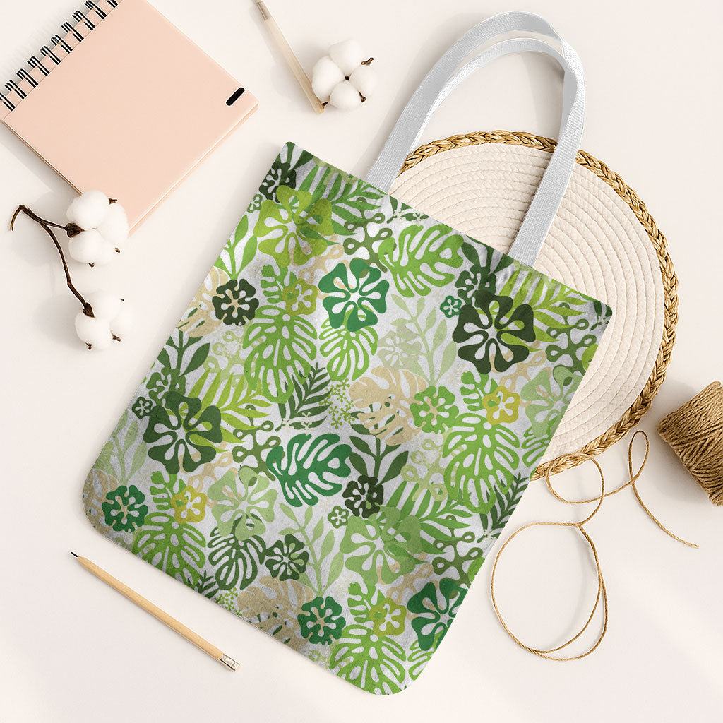 Green Aloha Hawaiian Tote Bag Monstera Hibiscus Tropical Pattern LT19 White Strap One Size Green - Polynesian Pride