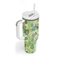Green Aloha Hawaiian Tumbler With Handle Monstera Hibiscus Tropical Pattern LT19 - Polynesian Pride