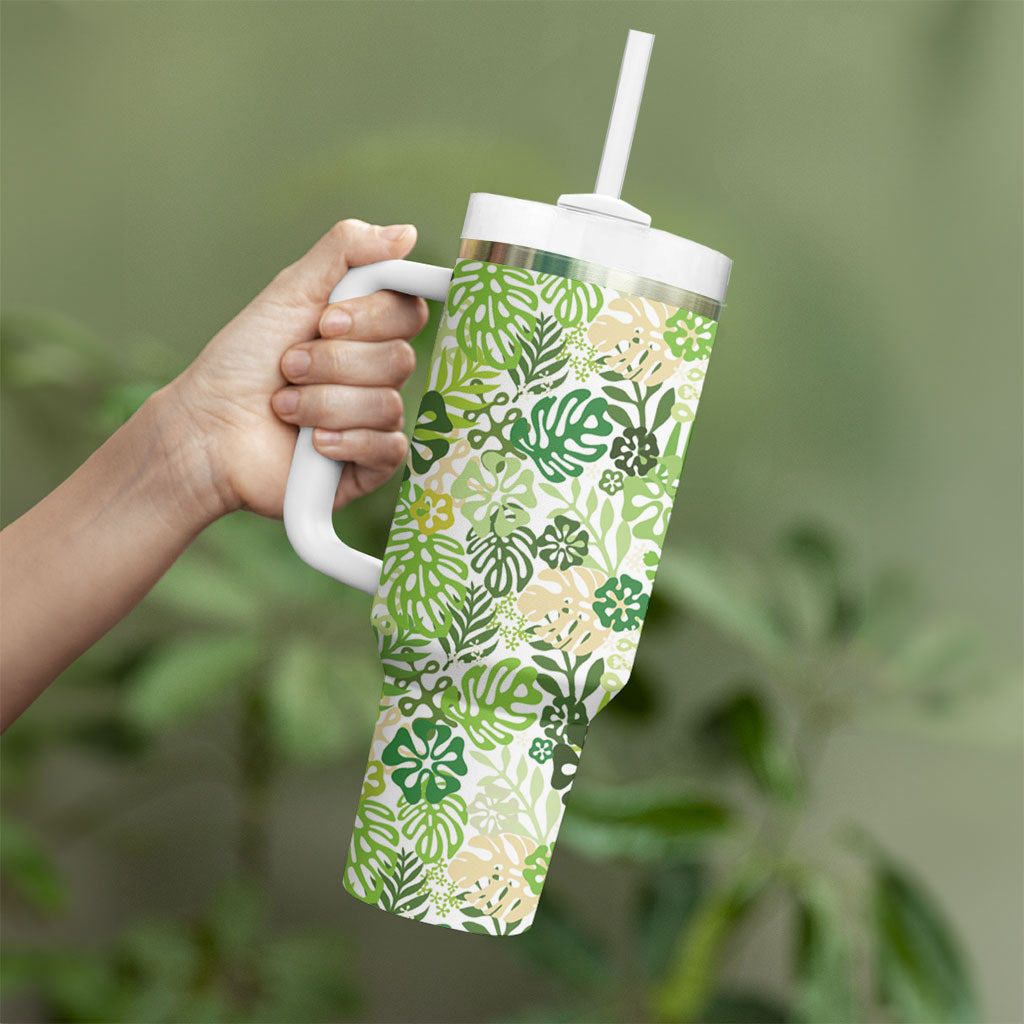 Green Aloha Hawaiian Tumbler With Handle Monstera Hibiscus Tropical Pattern LT19 - Polynesian Pride