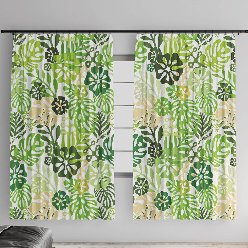 Green Aloha Hawaiian Window Curtain Monstera Hibiscus Tropical Pattern LT19 With Hooks Green - Polynesian Pride