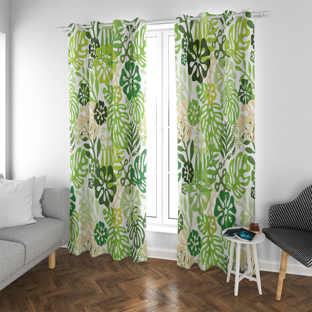 Green Aloha Hawaiian Window Curtain Monstera Hibiscus Tropical Pattern LT19 With Grommets Green - Polynesian Pride