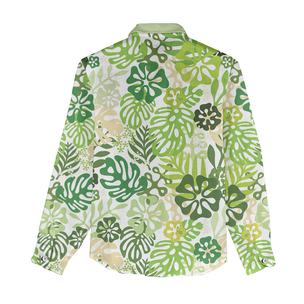 Green Aloha Hawaiian Women Casual Shirt Monstera Hibiscus Tropical Pattern LT19 - Polynesian Pride
