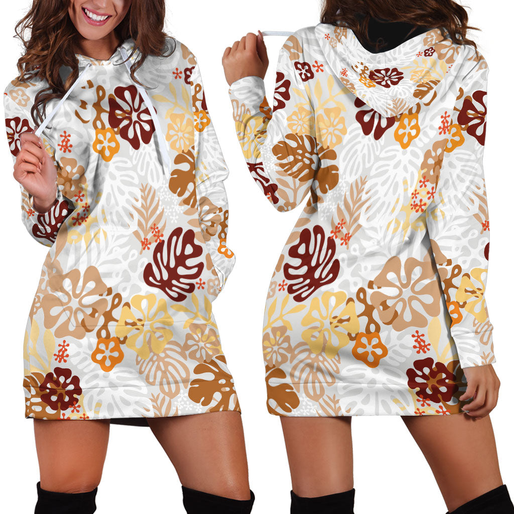 Brown Aloha Hawaiian Hoodie Dress Monstera Hibiscus Tropical Pattern LT19 - Polynesian Pride