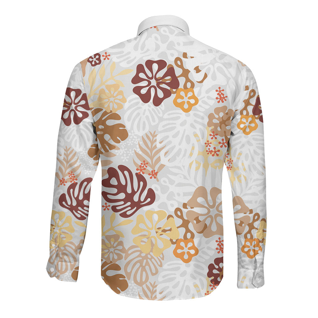Brown Aloha Hawaiian Long Sleeve Button Shirt Monstera Hibiscus Tropical Pattern LT19 - Polynesian Pride