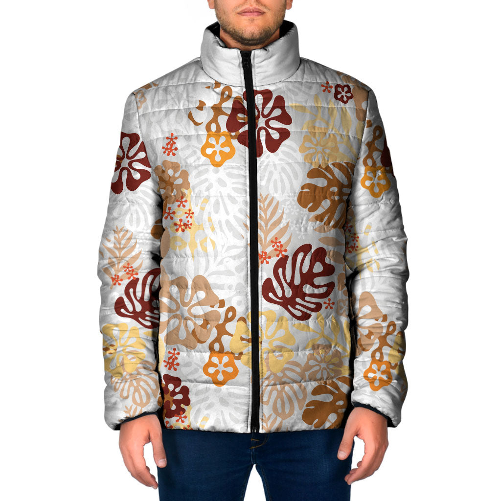 Brown Aloha Hawaiian Padded Jacket Monstera Hibiscus Tropical Pattern LT19 Men Brown - Polynesian Pride