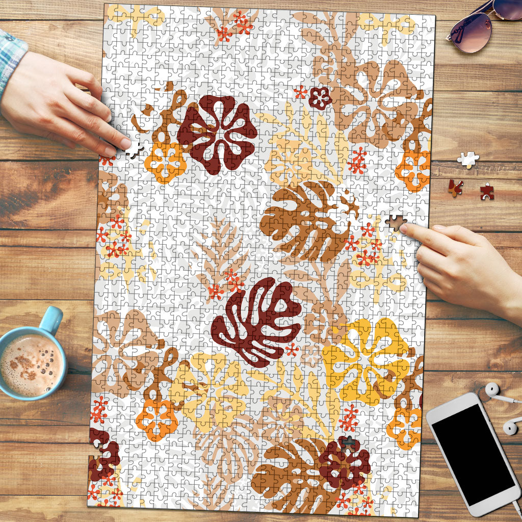 Brown Aloha Hawaiian Puzzle Monstera Hibiscus Tropical Pattern LT19 Brown - Polynesian Pride