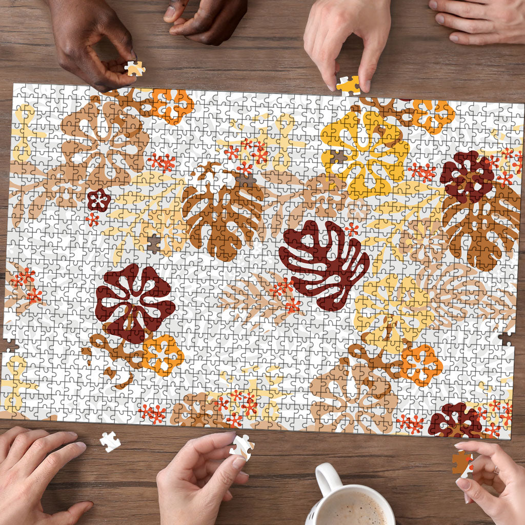 Brown Aloha Hawaiian Puzzle Monstera Hibiscus Tropical Pattern LT19 - Polynesian Pride
