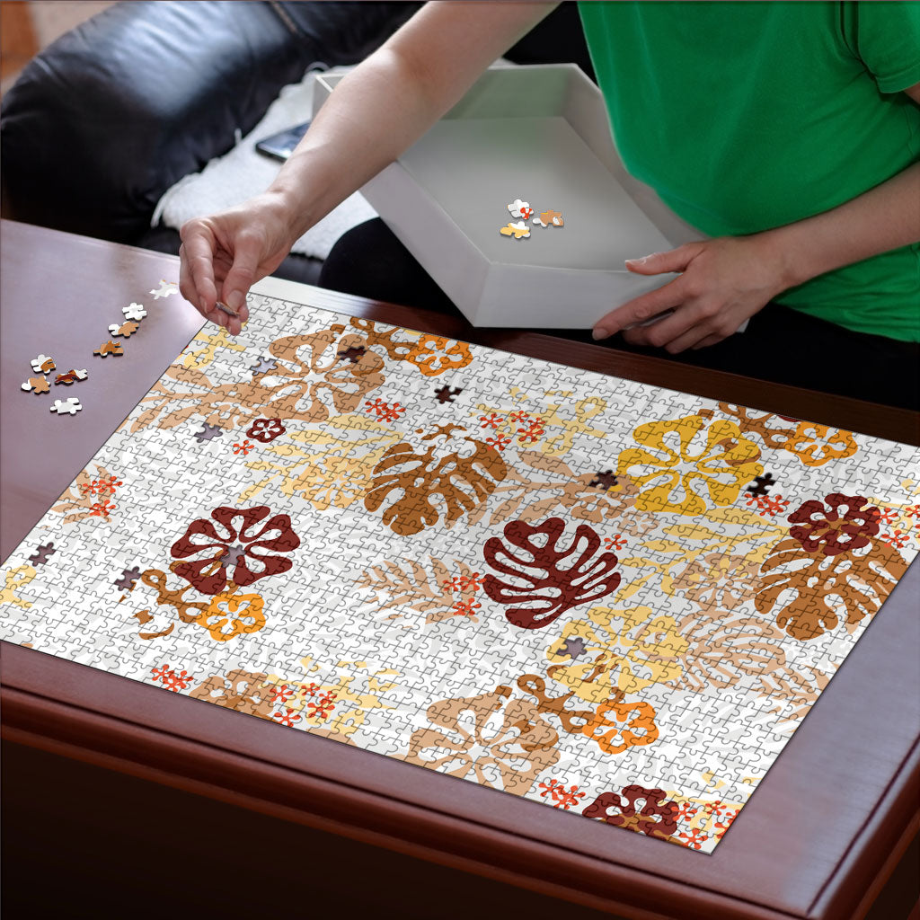 Brown Aloha Hawaiian Puzzle Monstera Hibiscus Tropical Pattern LT19 - Polynesian Pride