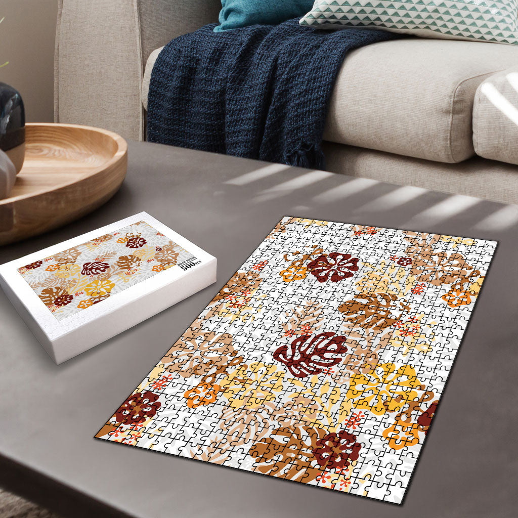 Brown Aloha Hawaiian Puzzle Monstera Hibiscus Tropical Pattern LT19 - Polynesian Pride
