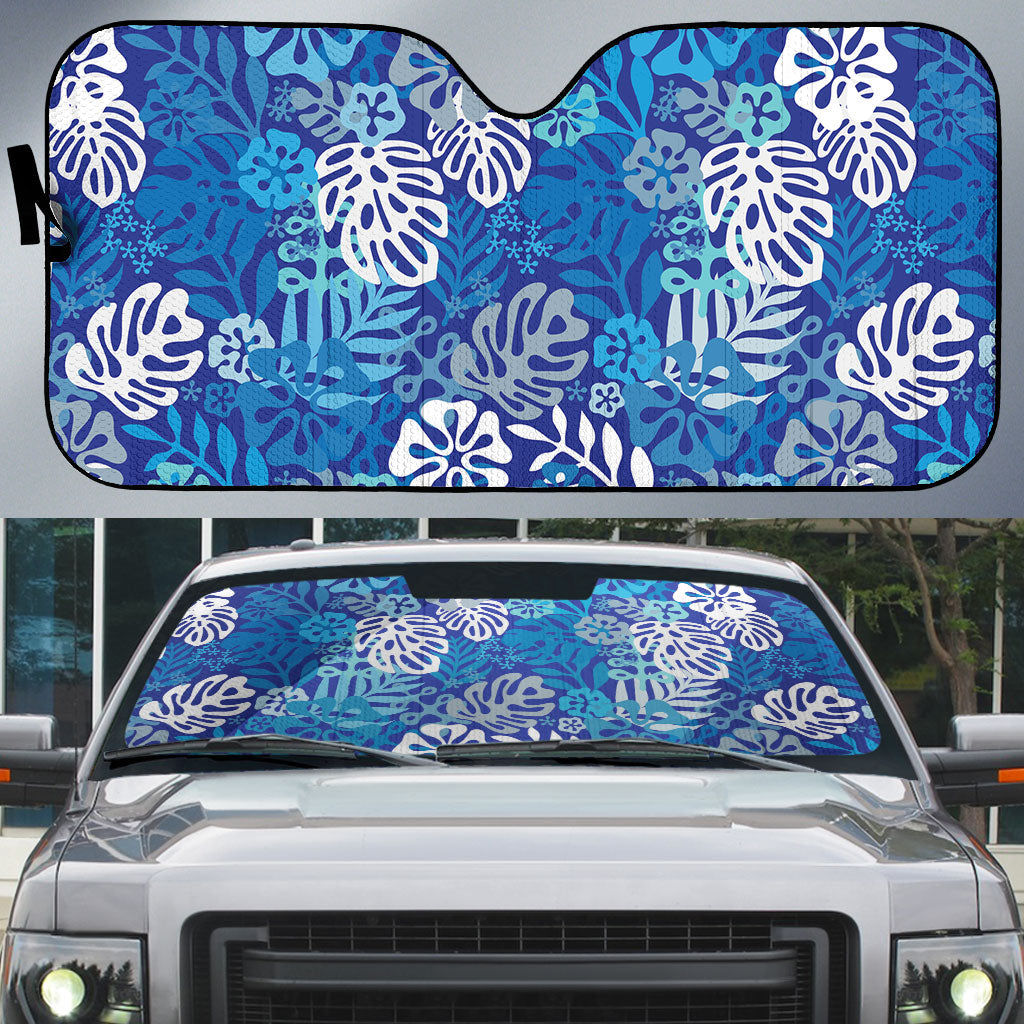 Blue Aloha Hawaiian Auto Sun Shade Monstera Hibiscus Tropical Pattern LT19 Blue - Polynesian Pride