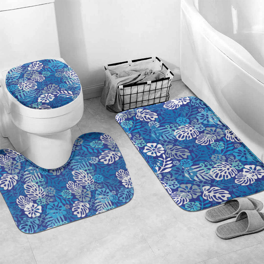 Blue Aloha Hawaiian Bathroom Set Monstera Hibiscus Tropical Pattern LT19 Mat Set Only (3 pcs) One Size Blue - Polynesian Pride
