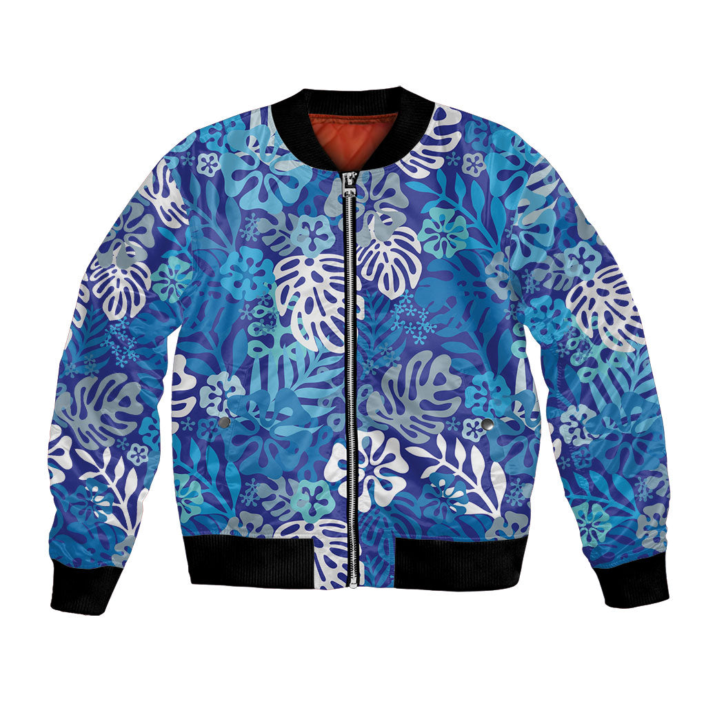 Blue Aloha Hawaiian Bomber Jacket Monstera Hibiscus Tropical Pattern LT19 Unisex Blue - Polynesian Pride