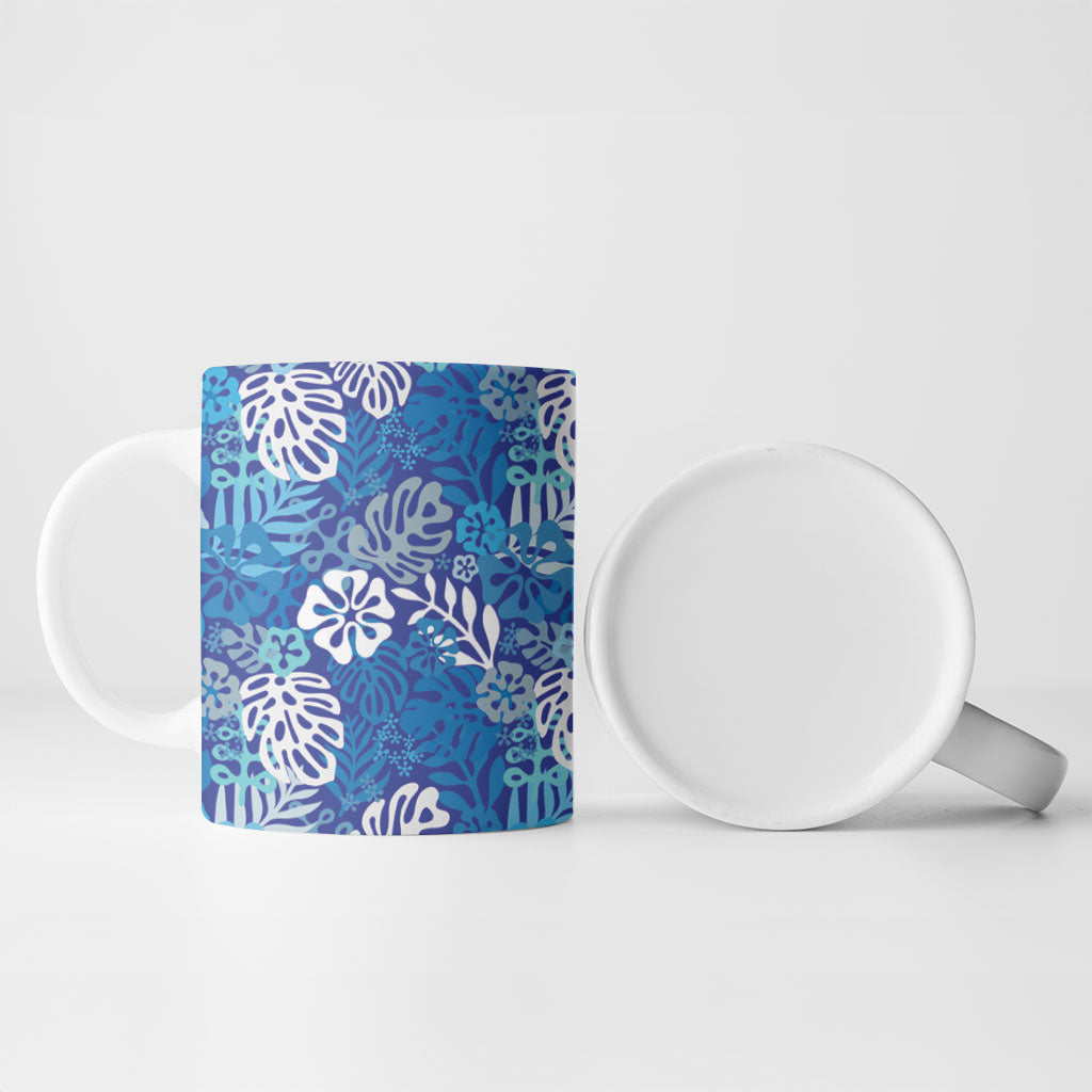 Blue Aloha Hawaiian Ceramic Mug Monstera Hibiscus Tropical Pattern LT19 - Polynesian Pride
