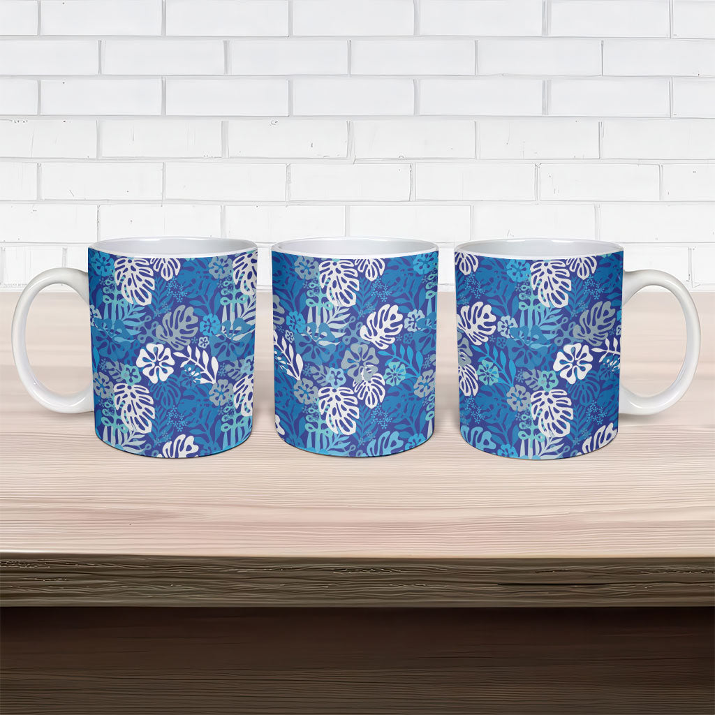 Blue Aloha Hawaiian Ceramic Mug Monstera Hibiscus Tropical Pattern LT19 - Polynesian Pride