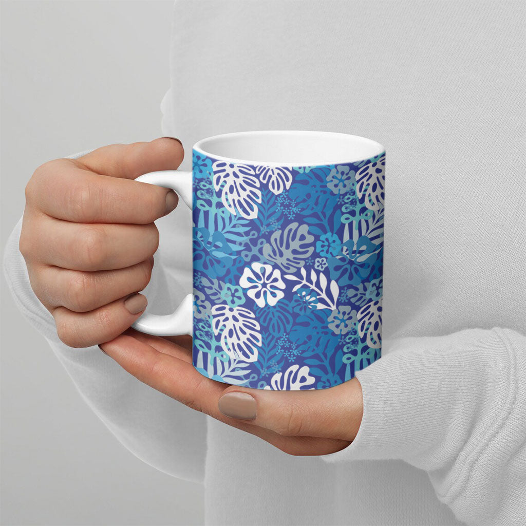 Blue Aloha Hawaiian Ceramic Mug Monstera Hibiscus Tropical Pattern LT19 - Polynesian Pride