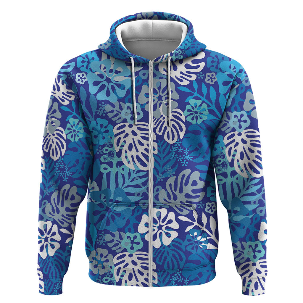 Blue Aloha Hawaiian Hoodie Monstera Hibiscus Tropical Pattern LT19 Zip Hoodie Blue - Polynesian Pride