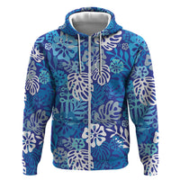 Blue Aloha Hawaiian Hoodie Monstera Hibiscus Tropical Pattern LT19 Zip Hoodie Blue - Polynesian Pride