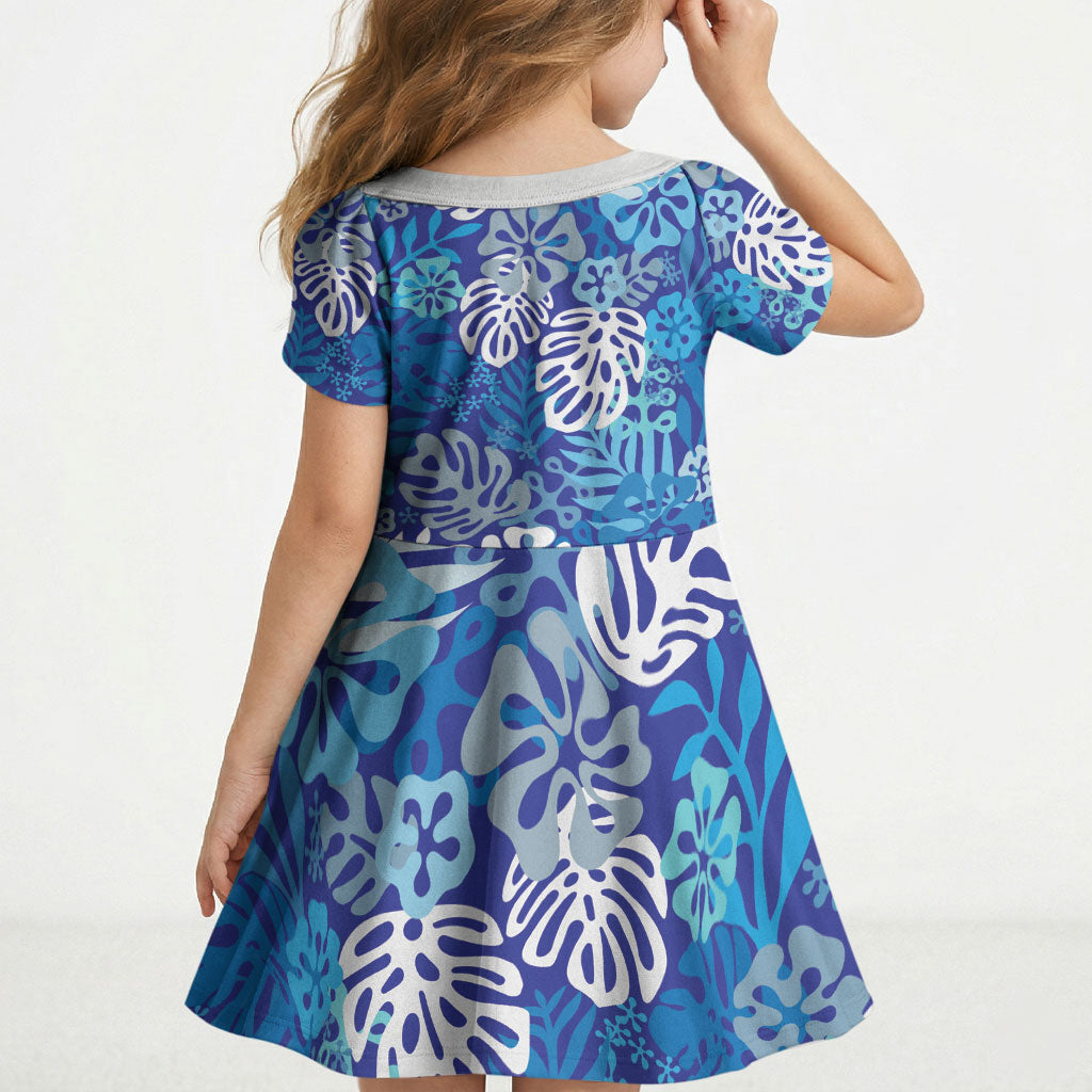 Blue Aloha Hawaiian Kid Short Sleeve Dress Monstera Hibiscus Tropical Pattern LT19 - Polynesian Pride