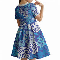 Blue Aloha Hawaiian Kid Short Sleeve Dress Monstera Hibiscus Tropical Pattern LT19 - Polynesian Pride