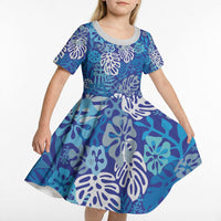 Blue Aloha Hawaiian Kid Short Sleeve Dress Monstera Hibiscus Tropical Pattern LT19 - Polynesian Pride