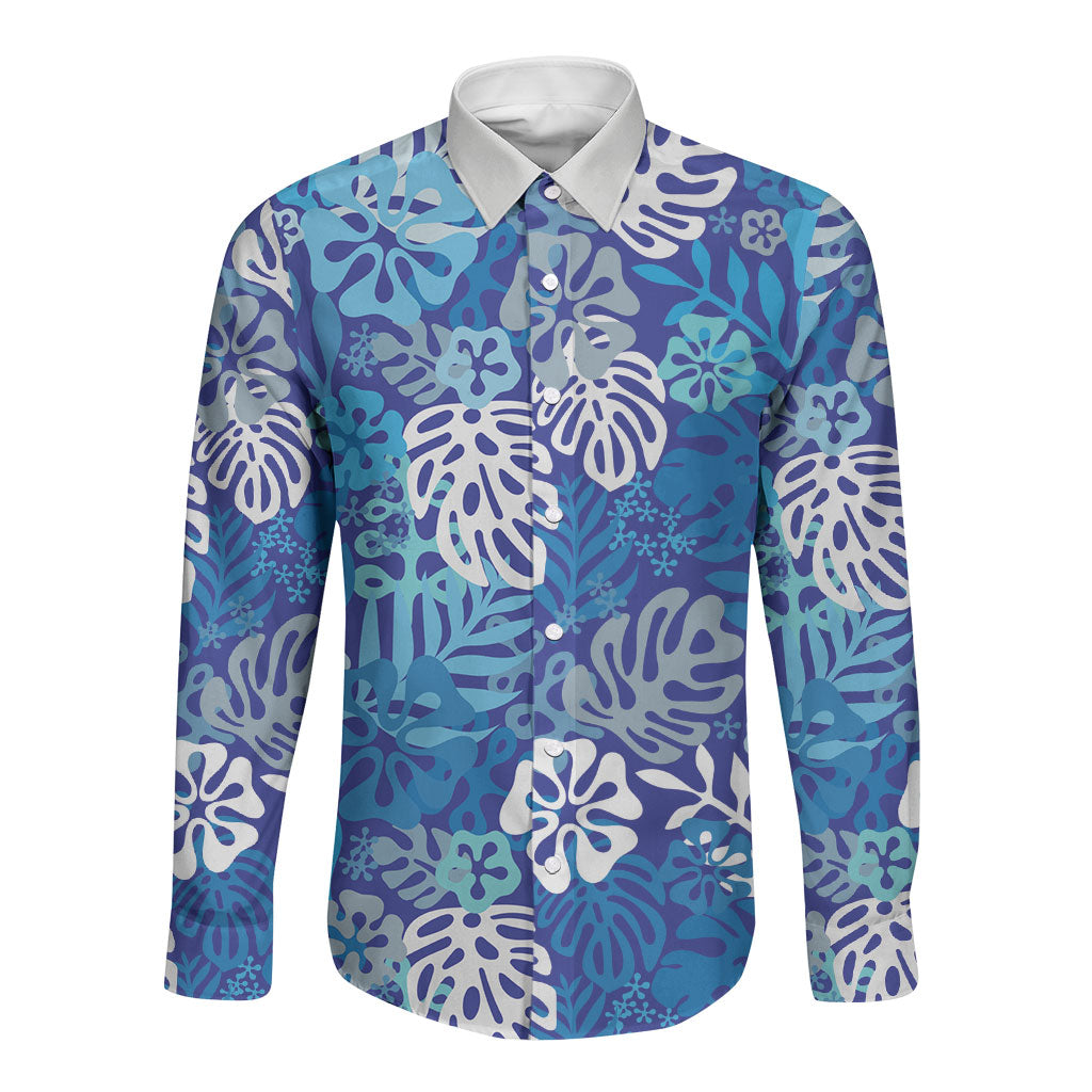 Blue Aloha Hawaiian Long Sleeve Button Shirt Monstera Hibiscus Tropical Pattern LT19 Unisex Blue - Polynesian Pride