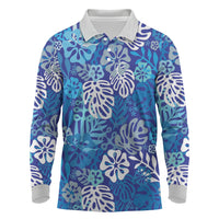 Blue Aloha Hawaiian Long Sleeve Polo Shirt Monstera Hibiscus Tropical Pattern LT19 Blue - Polynesian Pride