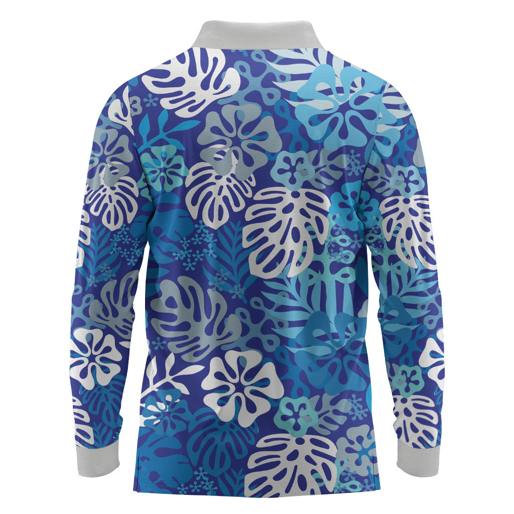 Blue Aloha Hawaiian Long Sleeve Polo Shirt Monstera Hibiscus Tropical Pattern LT19 - Polynesian Pride
